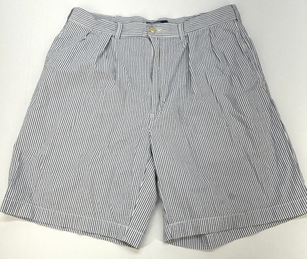 Polo by Ralph Lauren Zip Pleated Front Gingham Cotton Shorts Mens 35 Navy Stripe